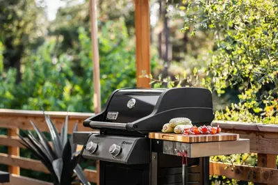 a grill with a tray of vegetables on a table at Modern 2 Bedrm Kids, Dog, Hot Tb, Game Room, 9 min Bass Lake in Oakhurst