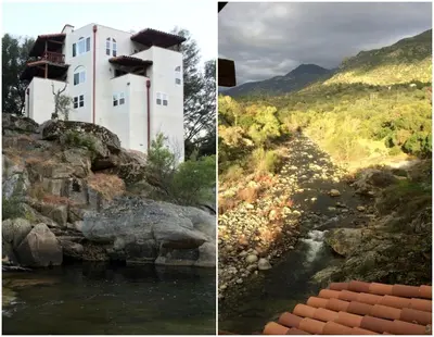 two pictures of a building on a hill next to a river at Captivating Riverfront Vacation Rental for Large Groups in Three Rivers, California in Three Rivers