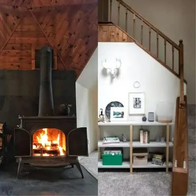 a living room with a fireplace and a staircase at Secluded Dome Rental Surrounded by Stunning Nature near Arnold, California in Arnold