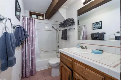 a bathroom with a sink and a toilet and a shower at Yosemite Aviary - Bird's Eye View Awesome Upper Unit in Yosemite West