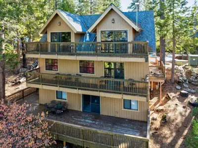 an aerial view of a house with a deck at Yosemite Aviary - Bird's Eye View Awesome Upper Unit in Yosemite West