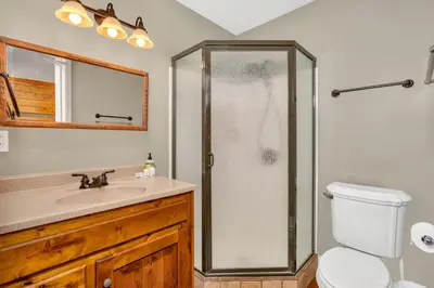 a bathroom with a shower and a toilet and a sink at A Tuscan Adventure in California 3 BDR Sleeps 8 in Shaver Lake