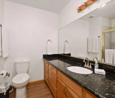 a bathroom with a sink and a toilet and a mirror at Granite View Lodge - Minutes from Water in Shaver Lake