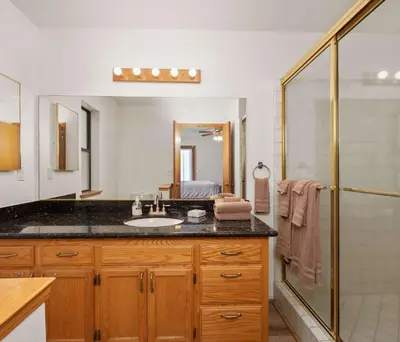 a bathroom with a sink and a shower at Granite View Lodge - Minutes from Water in Shaver Lake