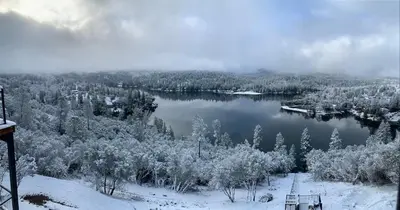 a view of a lake with snow on the ground at Serenity View, Peaceful & Cheerful 3BD Cabin in Groveland