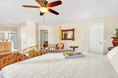 a bedroom with a bed and a ceiling fan at Awesome Views Game Room Hot Tub and More in Oakhurst