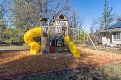 a playground with a slide and a house at Awesome Views Game Room Hot Tub and More in Oakhurst