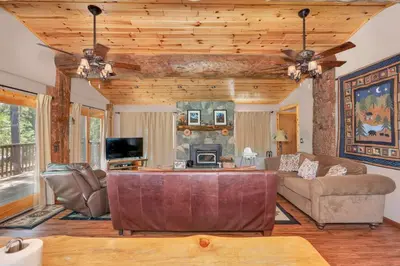 a living room with a couch and a fireplace at Immersed in Nature Manzanita Cabin with Hot Tub in Oakhurst