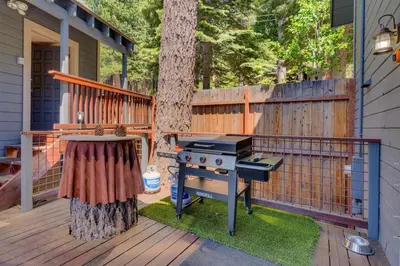 a grill on a deck next to a tree at Hyphen 4-bedrooms rental, private beach, filtered view in Tahoe City