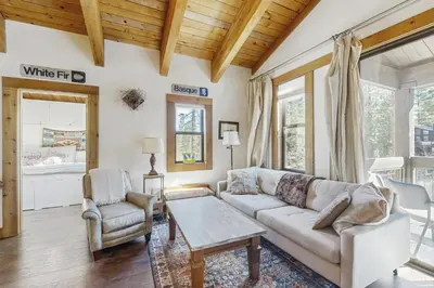 a living room with a couch and a table at Silver Strike Summit in Truckee