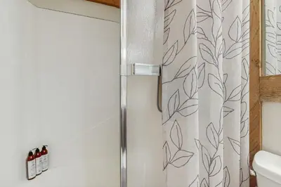 a bathroom with a shower with a shower curtain at Silver Strike Summit in Truckee