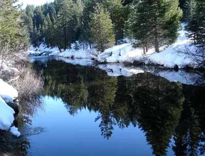 a view of a river with snow and trees at Spacious Riverfront Cabin Rental Perfect for Large Groups near Sonora, California in Strawberry