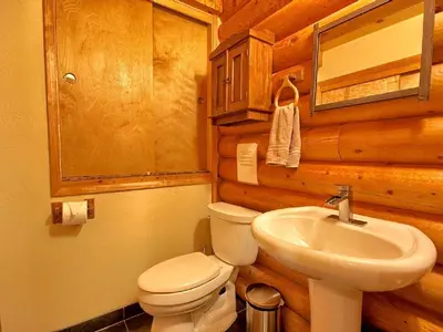 a bathroom with a toilet and a sink in a log cabin at Cozy Log Cabin near Yosemite National Park in California in Mariposa