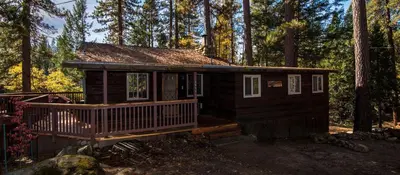 a small cabin in the middle of a forest at Cozy Riverside Cabin Rental with Easy Access to Chilnualna Falls in California in Wawona