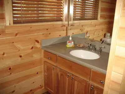 a bathroom with a sink in a wooden cabin at Exceptional Riverside Cabin Rental in the Trees near Pinecrest Lake, California in Strawberry
