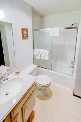 a bathroom with a toilet and a sink and a shower at Sherwin Villas Free Shuttle & Near Skiing in Mammoth Lakes