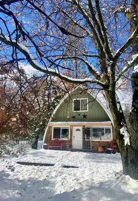 a green house in the snow with a tree at Fire Escape Cabin-Southern Yosemite in Oakhurst
