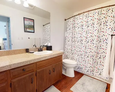 a bathroom with a toilet and a shower curtain at Sierra Manors In the Heart of Mammoth in Mammoth Lakes