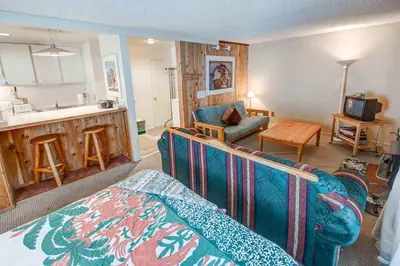 a living room with a couch and a kitchen at Studio with Amenities Walk to Village in Mammoth Lakes