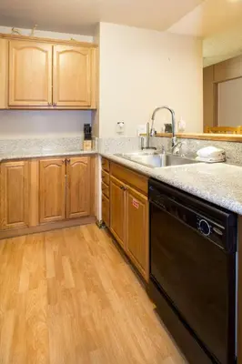 a kitchen with a sink and a dishwasher at Summit #217 A Couples Getaway Dream in Mammoth Lakes