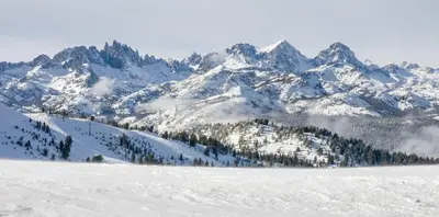 a snow covered mountain range with trees in the foreground at Villa De Los Pinos #33 Year-Round Activities in Mammoth Lakes