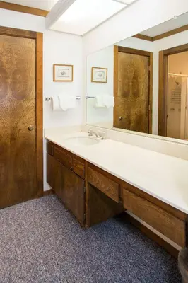 a bathroom with a sink and a large mirror at Mammoth Estates - 4 Seasons of Beauty with Accessible Amenities in Mammoth Lakes