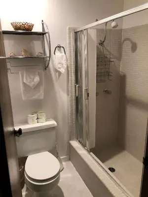 a bathroom with a toilet and a shower at Mammoth Estates - 4 Seasons of Beauty with Accessible Amenities in Mammoth Lakes