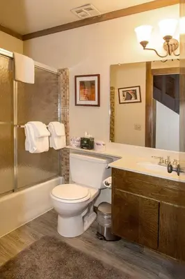 a bathroom with a toilet and a sink and a shower at Mammoth Point #129 - Balcony with Mountain Views in Mammoth Lakes
