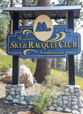 a sign for a ski and racquet club at Mammoth Ski & Racquet with Shared Hot Tub & Pool in Mammoth Lakes