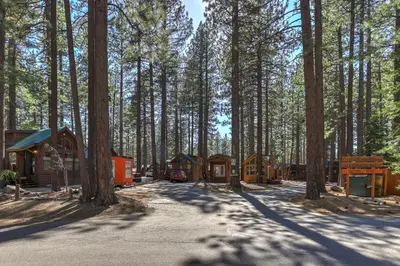 a group of cabins in a forest with trees at The Cozy Cub Cabin 7 Min to Lake in South Lake Tahoe