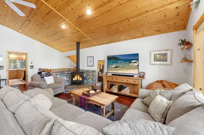 a living room with a couch and a fireplace at Alpine Gem Near Homewood Mountain in Tahoma