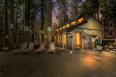 a group of chairs sitting in front of a building at Enjoy Forest Views Retreat at Kingswood Village in Kings Beach