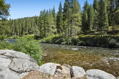 a river with rocks in front of a forest at Joy on the River Stunning Waterfront Home for 10 in Olympic Valley