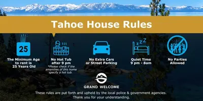 a sign that reads takehoe house rules with mountains in the background at Luxury Tahoe Chalet Minutes to Dining in Tahoe Vista