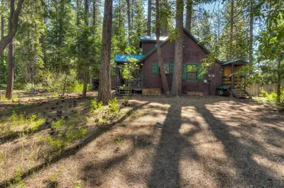 a log cabin in the woods with trees at Moonlight Cove w Grill Tahoe Beach Next Door in Tahoe Vista