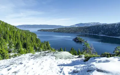 a view of a lake with snow on the ground at Moose Manor w BBQ Near Tahoe Hiking in Tahoma