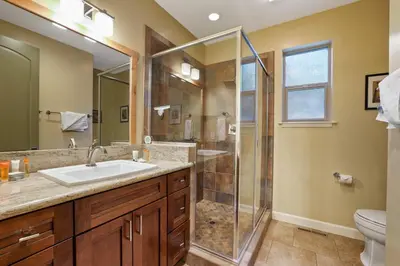 a bathroom with a sink and a shower at Heavenly Mountain Chalet - Skiing Pets Hot tub in Stateline