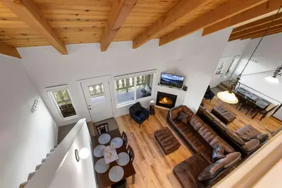 an overhead view of a living room with a fireplace at Mile High Mountain - Carson Valley Views in Stateline
