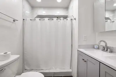 a white bathroom with a shower curtain and a toilet at Mile High Mountain - Carson Valley Views in Stateline