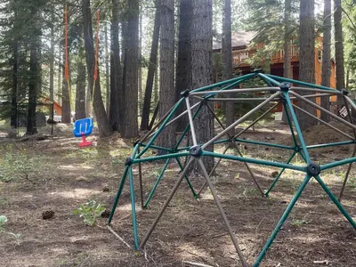 a batting cage in the middle of a forest at The Blue Lake House - Family fun Abound in South Lake Tahoe