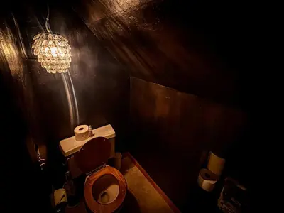 a dark bathroom with a toilet and a chandelier at Charming Cherokee Cabin - Secluded Stay for 6 Just 10 Minutes to Tahoe in South Lake Tahoe