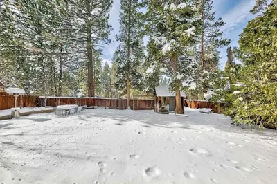 a yard covered in snow with a fence and trees at Dancing Bear Cabin - Pet Friendly Sleeps 4 Totally cute in South Lake Tahoe
