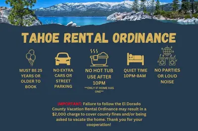 a sign that reads take rental guarantee on a lake at Shady Pines Pets Hot tub in South Lake Tahoe