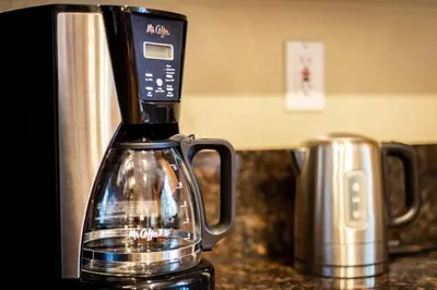 a coffee maker sitting on top of a counter at Sutter Trail Sparkles - Air conditioned large family home in South Lake Tahoe