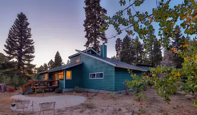 a green house in the middle of a forest at Tahoe Family Getaway in Stateline
