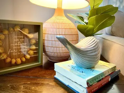 a stack of books on a table with a bird statue at Gorgeous views 1st Apple hill exit Family Fun in Placerville