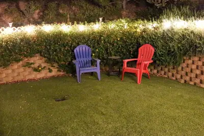 two chairs sitting in the grass next to a hedge at Hot Tub, Games and Sports Luxury Yosemite Escape in Oakhurst