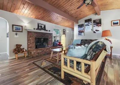 a living room with a couch and a fireplace at Bear Hollow by Sequoia National Park in Three Rivers