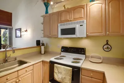 a kitchen with a stove and a microwave at Regency Retreat - Studio for 2 in Tahoe Vista