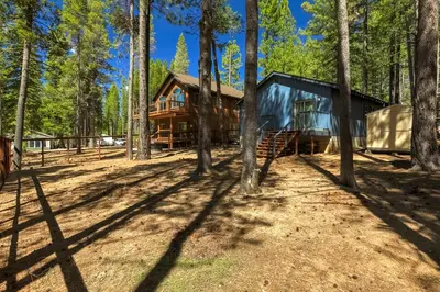 a house in the woods with trees at Willow's Hideaway - Pet Friendly Cozy Cabin in South Lake Tahoe